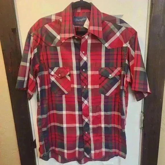 Wrangler Other - VINTAGE WRANGLER X-Long Tails Red Plaid Button-Up Pearl Snap Shirt - Size 16